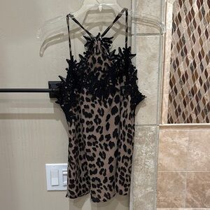 Leopard Print Halter Top with Black Lace